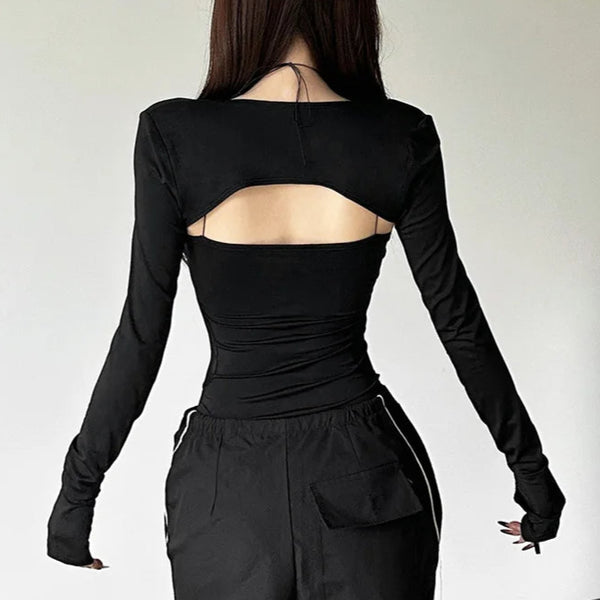 Gothic Hollow Out Straps Bodysuits With Long Sleeve Women's 2 Piece Set Black or White