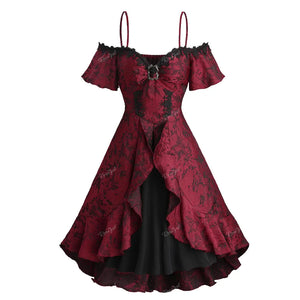 Gothic Cold Shoulder Dress Floral Jacquard Buckle For Women