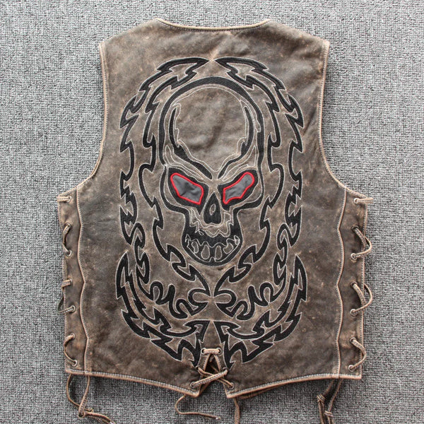 Men's Genuine Leather Skull Vintage Motorcycle Sleeveless Vest