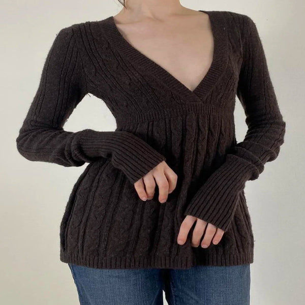 Vintage Warm Sweater For Women Goth Soft Long Sleeve V-neck Knitted Pullover