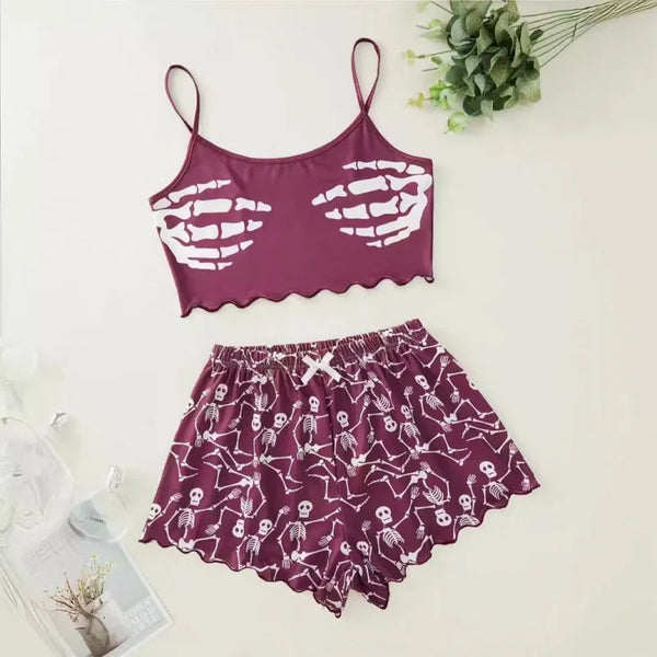 Women’s 2-Piece Skull Print Pajama Set – Short-Sleeve Lounge & Sleepwear Suit