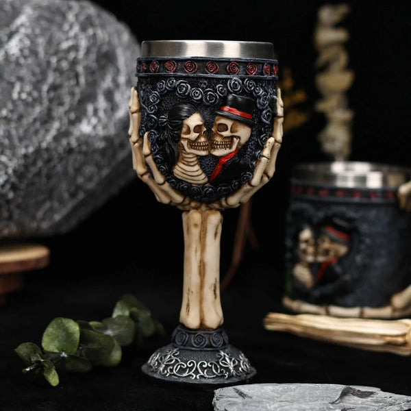Skull Gothic Goblet Day of the Dead Bride And Groom Black Roses