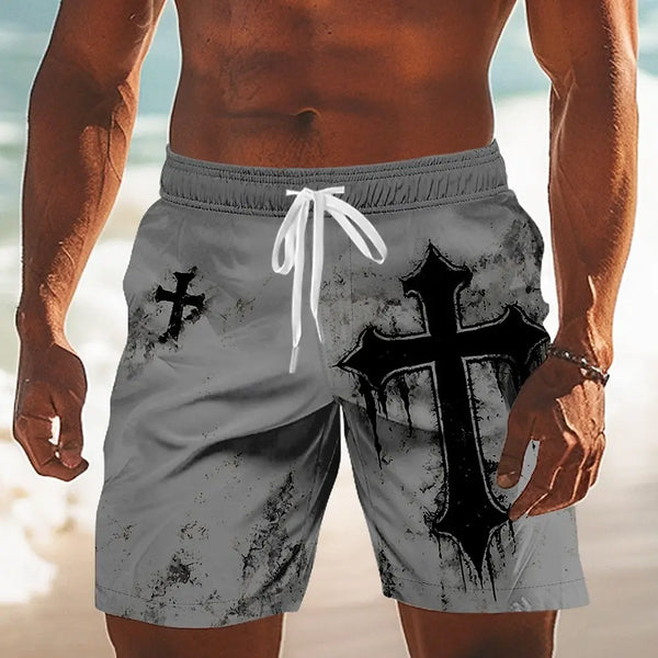The Black Cathedral™ Gothic Cross Board Shorts | Men's Retro Drawstring Swim Trunks