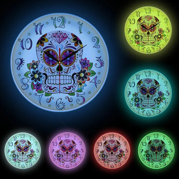 Day of the Dead Mexican Floral Skull Wall Clock For Home Decor