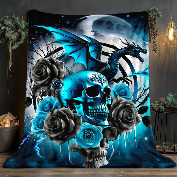 The Frostfire Relic™ Dragon & Skull Flannel Blanket | Gothic Celtic Bedspread