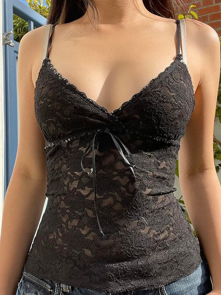 Women's Gothic Black See Through Lace Cami Tank Top