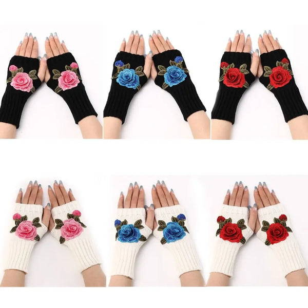 Embroidered Flower Goth Fingerless Knitted Wrist Gloves