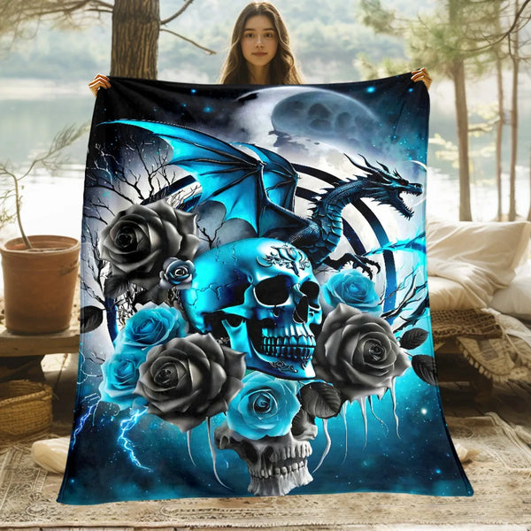 The Frostfire Relic™ Dragon & Skull Flannel Blanket | Gothic Celtic Bedspread