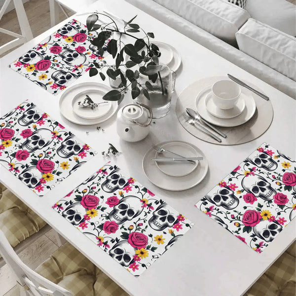 Skull Floral Table Placemats – Gothic Dining Decor Set of 4