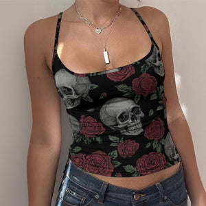 Midnight Echoes Skull Print Camisole – Gothic Spaghetti Strap Crop