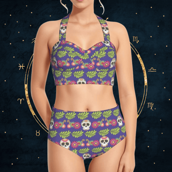 Women's Mexican Skull Print Swimsuit Set With Halter