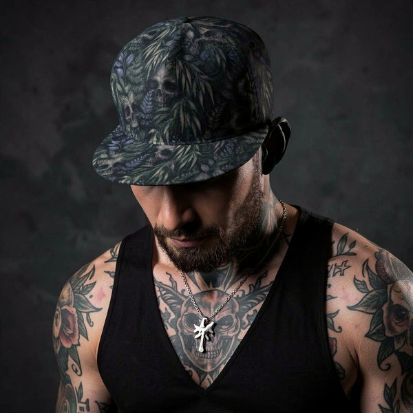 Dark Green Gothic Ferns with Hidden Skulls Cap | Moody Botanical Streetwear Hat