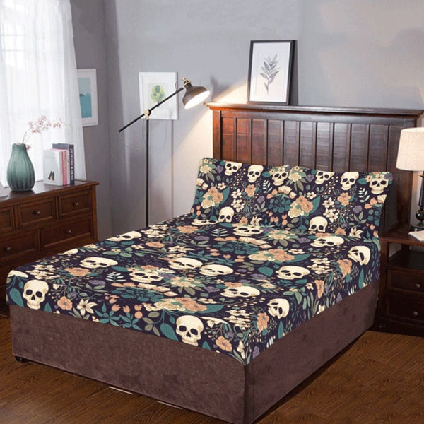 Skulls Blue Pink Floral 3-Piece Bedding Set – Gothic Bedroom Decor