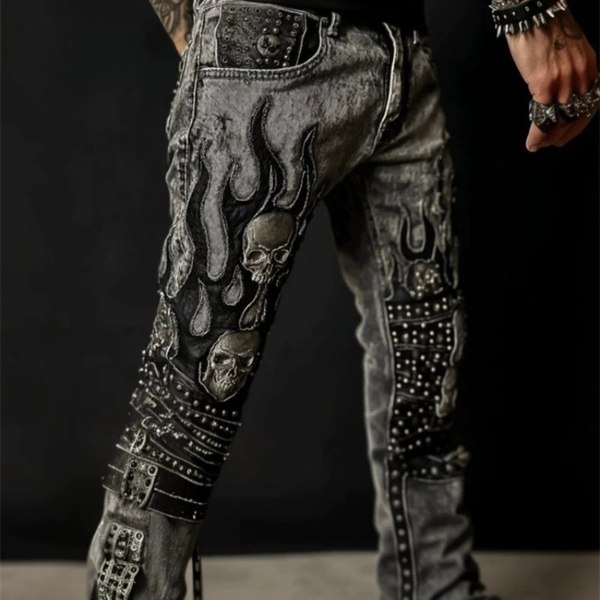 Men's Skull Flame Washed Biker Jeans - Gothic Streetwear Denim