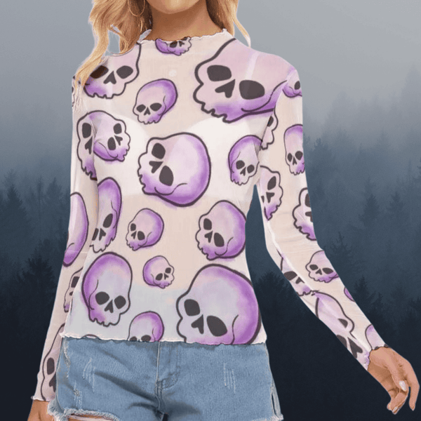 Women's Purple Skulls Mesh Long Sleeve Top