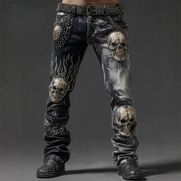 Men's Skull Flame Washed Biker Jeans - Gothic Streetwear Denim