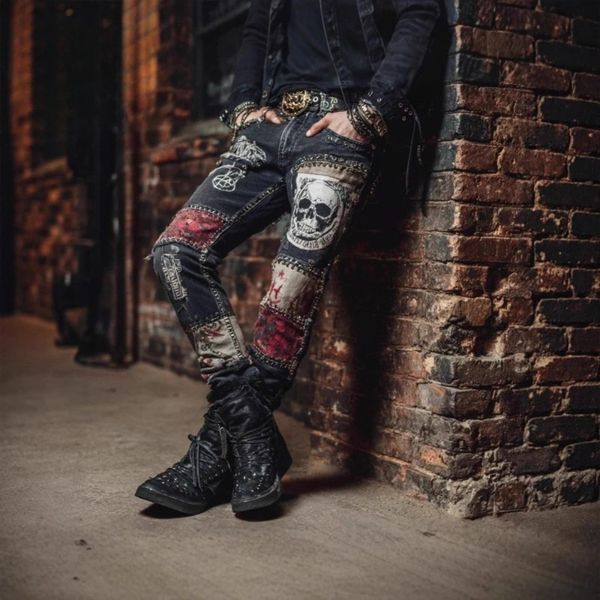 Men's Skull Flame Washed Biker Jeans - Gothic Streetwear Denim