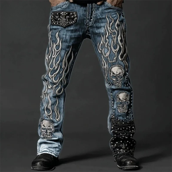 Men's Skull Flame Washed Biker Jeans - Gothic Streetwear Denim