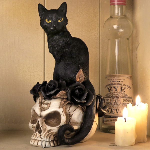 Cat On Black Roses And A Skull Desk Ornament