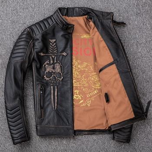 Vintage Distressed Motorcycle  Men's Leather Skull Jacket