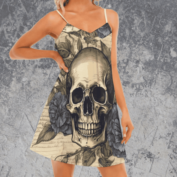 Vintage Skull Spaghetti Strap V-neck Cami Dress