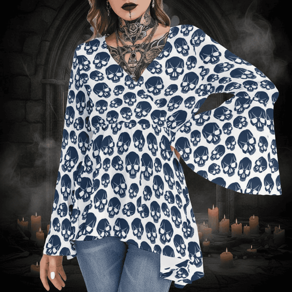 Women's Blue Skulls V-neck Blouse With Flared Sleeves