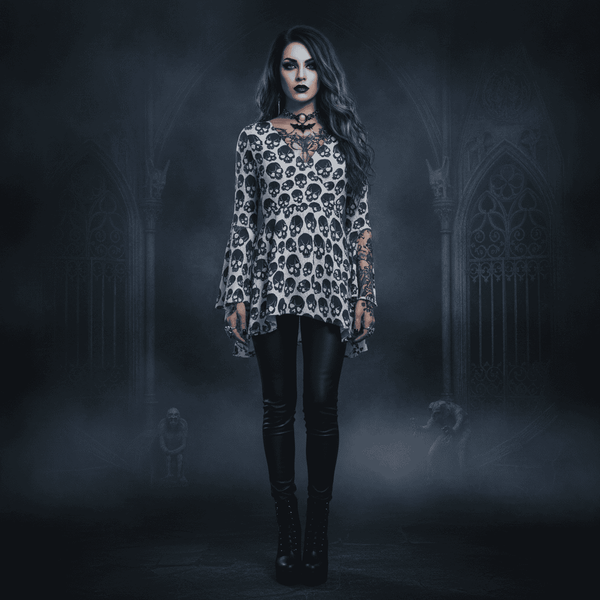 Women's Blue Skulls V-neck Blouse With Flared Sleeves