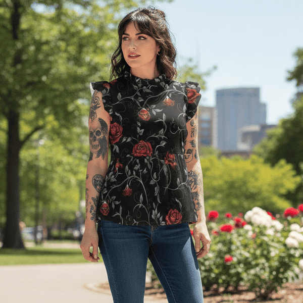 Women's Gothic Red Roses & Vines Blouse With Lotus Leaf Lace