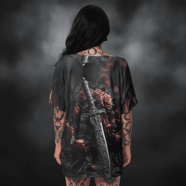 Women's Gothic Sword & Roses Bat Sleeves V-Neck Blouse