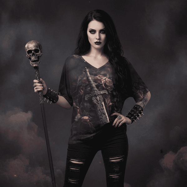 Women's Gothic Sword & Roses Bat Sleeves V-Neck Blouse