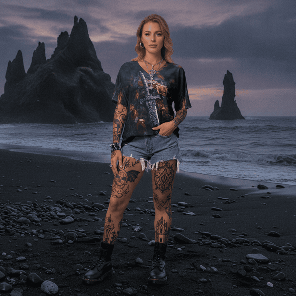 Women's Gothic Sword & Roses Bat Sleeves V-Neck Blouse