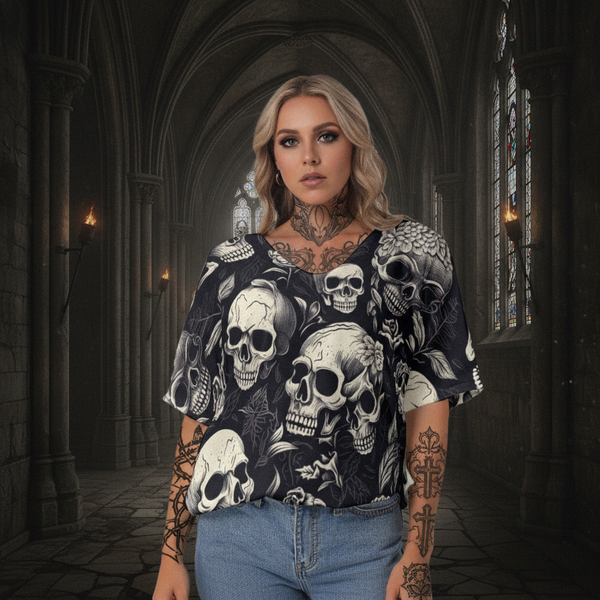 Women's Gray Skulls Bat Sleeves V-Neck Blouse