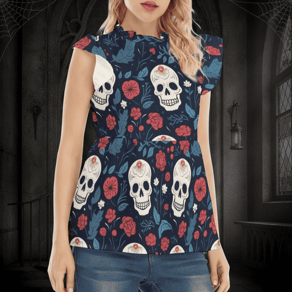 Women's Red Roses Skulls Blouse With Lotus Leaf Lace