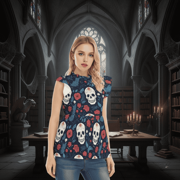 Women's Red Roses Skulls Blouse With Lotus Leaf Lace