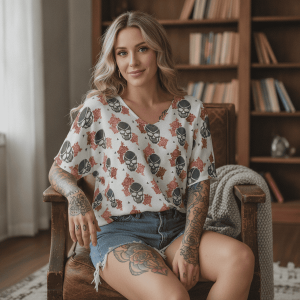 Women's Skulls With Red Flowers Bat Sleeves V-Neck Blouse