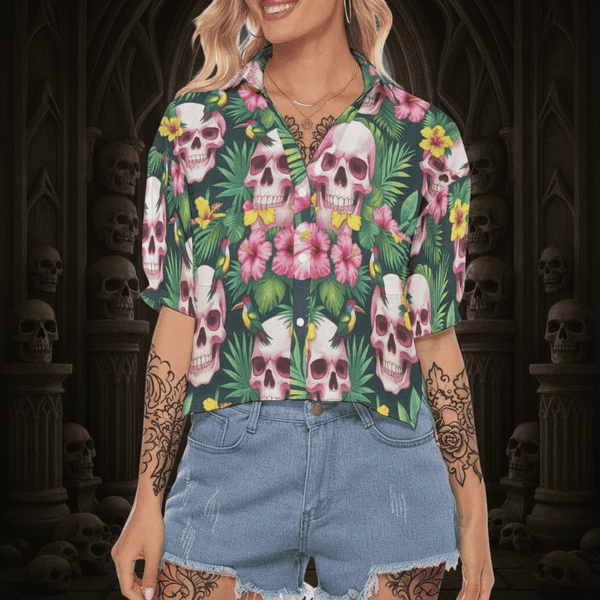 Women's Tropical Floral Skulls V-neck Shirt