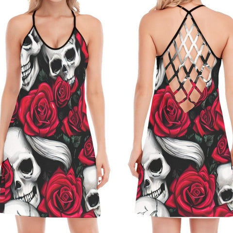 Women's Red Roses Skull Long Style Criss-Cross Open Back Dress