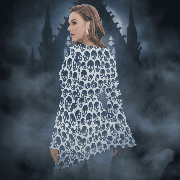 Women's Blue Skulls V-neck Blouse With Flared Sleeves