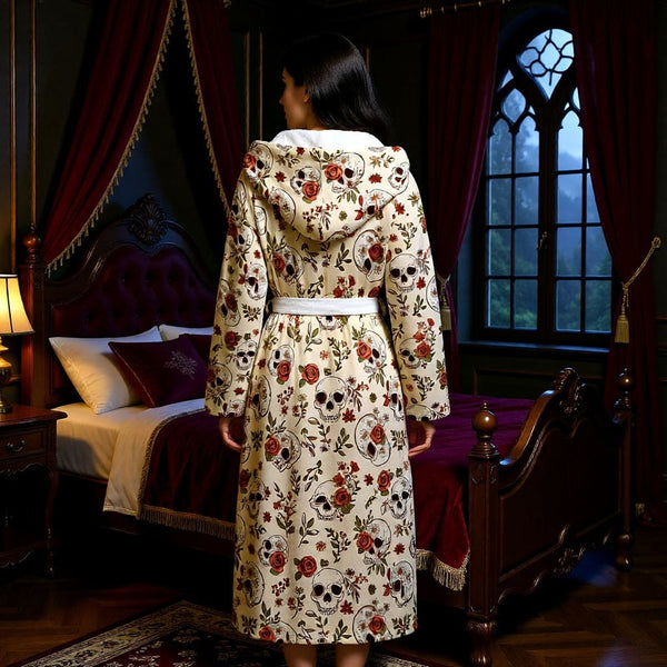 Women’s Boho Skulls With Roses & Daisies Flannel Hooded Bathrobe – Thick Plush Loungewear