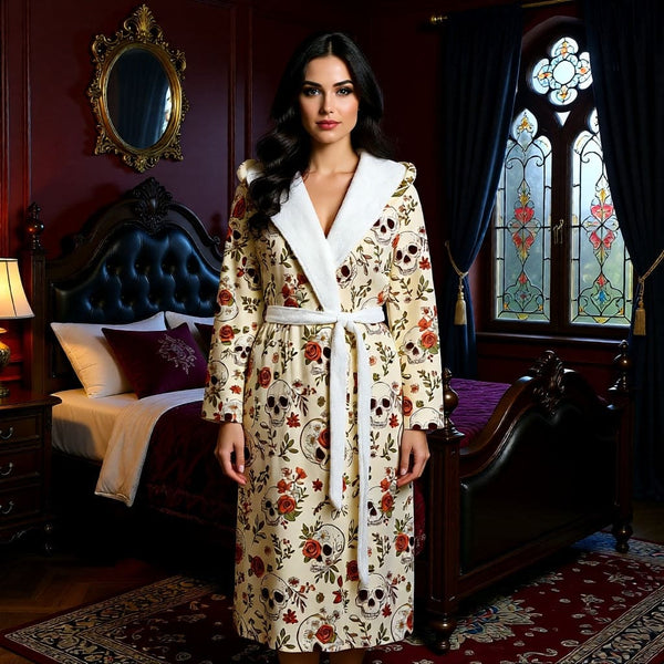 Women’s Boho Skulls With Roses & Daisies Flannel Hooded Bathrobe – Thick Plush Loungewear