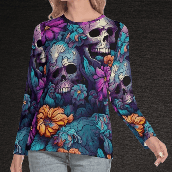 Women's Colorful Flowers Skulls O-neck Long Sleeve Top