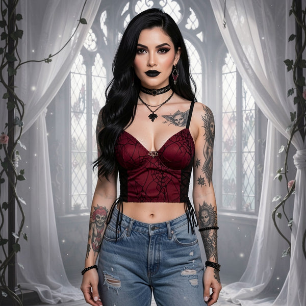 Women’s Gothic Spider Web Strap Crop Top – Dark Retro Alt Streetwear