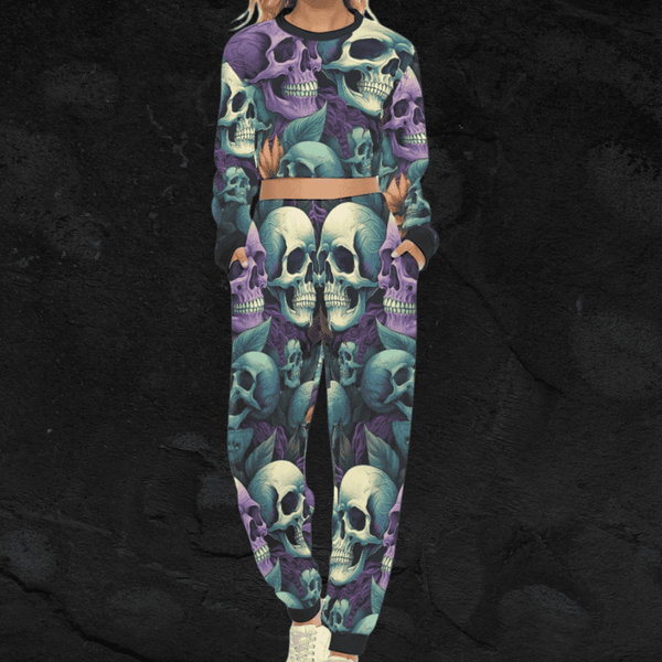 Women's Purple Blue Skulls Crop Sweatshirt Suit