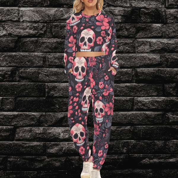 Women’s Skull & Pink Flower Crop Sweatshirt Set