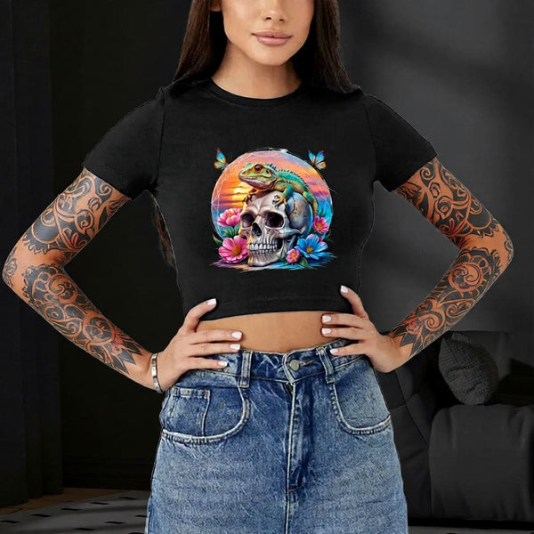 Women's Skull Tropical Lizard Crop T-Shirt