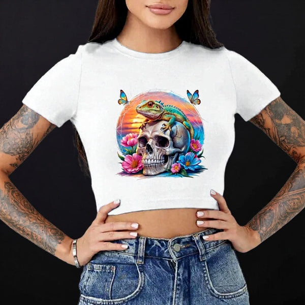 Women's Skull Tropical Lizard Crop T-Shirt
