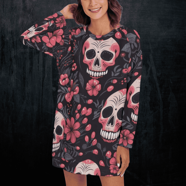 Women's Skulls Pink Flowers Round Neck Raglan Sleeve Sweater