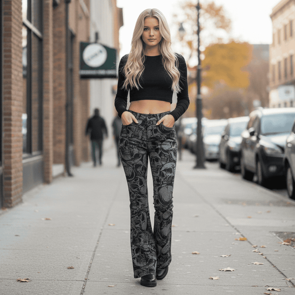 Womens Black Skulls Print Elegant Flare Pants