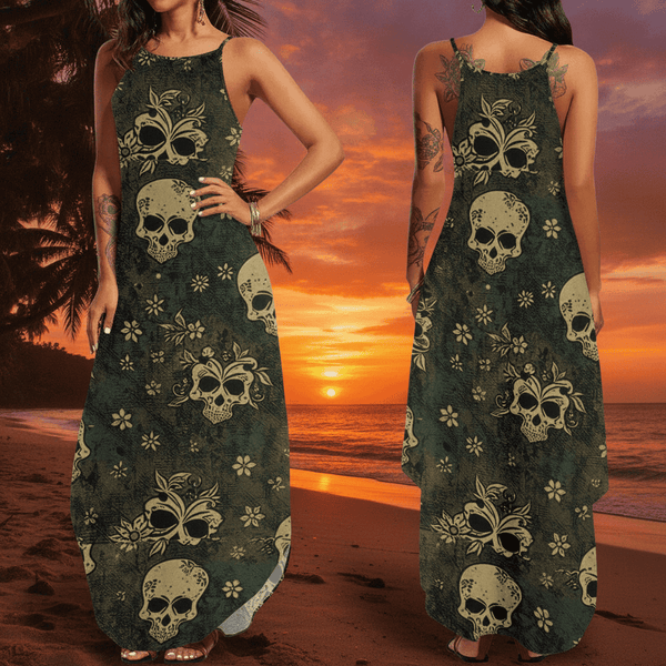 Womens Celtic Skulls Elegant Sleeveless Maxi Dress