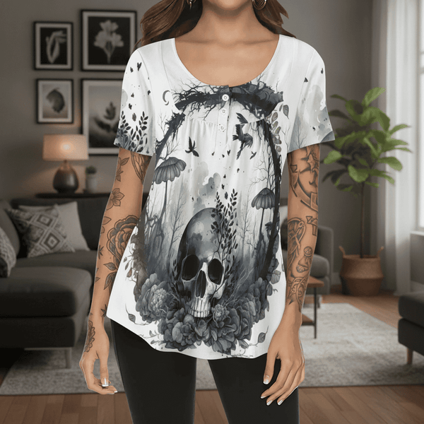 Womens Mystery Skull Floral Scoop Neck Short Sleeve Loose Blouse